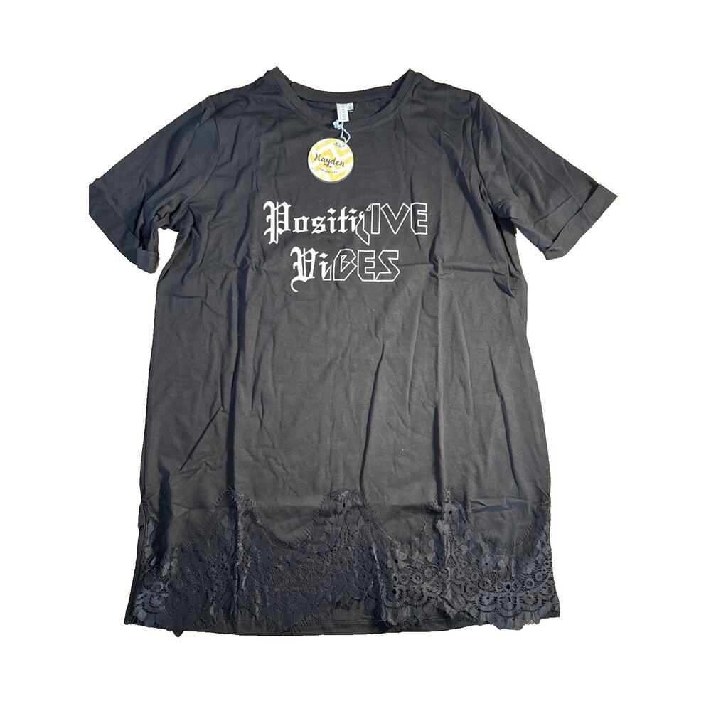 Hayden Short Sleeve Positive Vibes Lace Hem T-shirt Dress in Black Size M